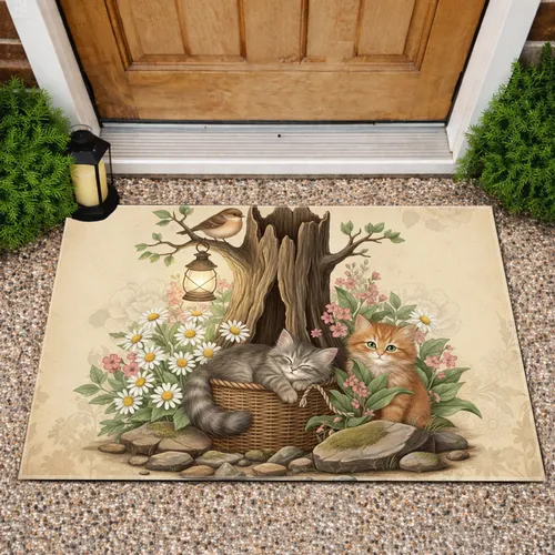 Kittens Tree Stump Woodland Daisies - Rustic Home Decor Gift for Cat Lover Doormat