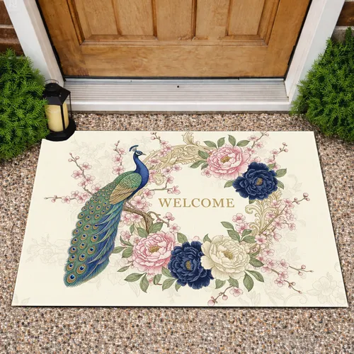 Peacock Peony Cherry Blossom Floral Welcome Scrollwork - Home Decor Gift Doormat