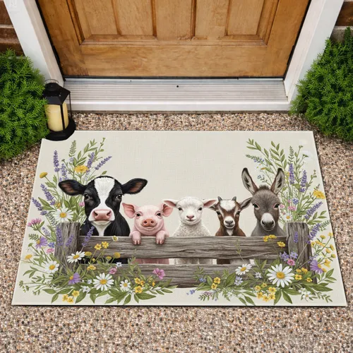 Five Baby Farm Animals Rustic Fence Wildflowers - Farmhouse Decor Gift for Animal Lover Doormat