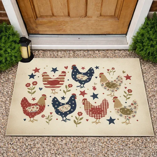 Americana Chickens Stars Hearts - Farmhouse Home Decor Gift Doormat