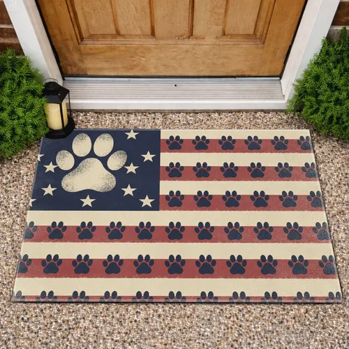 Distressed Paw Print American Flag - Independence Day Gift for Veterans Doormat