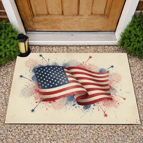 Distressed Waving American Flag Fireworks - Independence Day Gift for Veterans Doormat