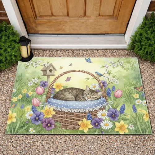 Sleeping Tabby Cat Wicker Basket Spring Garden - Home Decor Gift for Cat Lover Doormat