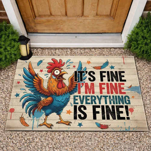 Panicked Rooster It's Fine Everything Is Fine - Humorous Home Decor Gift Doormat