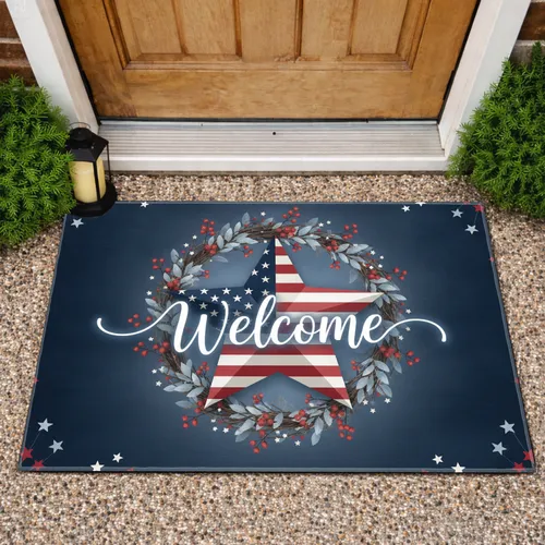 Welcome American Flag Star Wreath - Rustic Americana Home Decor Doormat
