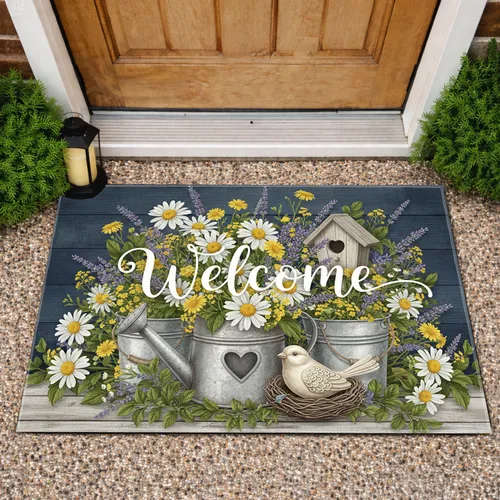 Welcome Floral Watering Can Birdhouse - Rustic Home Decor Gift for Garden Lover Doormat