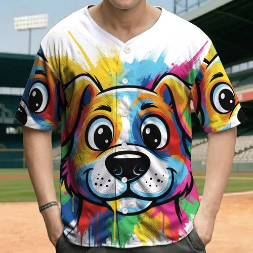 Large Stylized Cartoon Dog Portrait with Outline and Color Brushstrokes - Dog Lover Gift Baseball Jersey