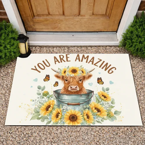 Highland Cow Sunflower Crown Teal Bucket YOU ARE AMAZING - Farmhouse Home Decor Cow Lover Gift Doormat
