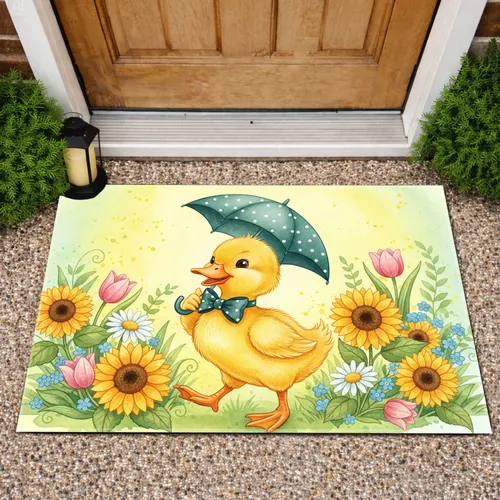 Yellow Duckling Umbrella Sunflowers Daisies Meadow - Spring Decor Gift Doormat