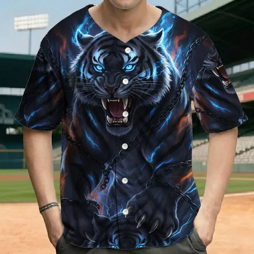 Snarling Black Tiger Electric Blue Stripes Metal Chains - Wildlife Lover Gift Baseball Jersey