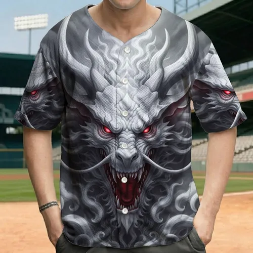 Majestic Dragon Head Fangs Horns Deep Red Throat Smoke Clouds - Fantasy Lover Gift for Dragon Lover Baseball Jersey