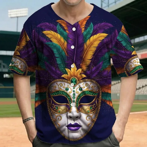 Baroque Masquerade Mask Gold Emerald Purple Feathers - Mardi Gras Festival Baseball Jersey