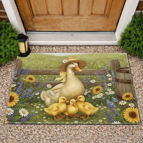 Mother Duck Ducklings Wildflower Meadow - Springtime Home Decor Gift for Duck Lover Doormat