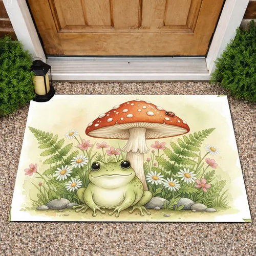 Plump Frog Toadstool Ladybug Lush Garden - Home Decor Gift for Wildlife Lover Doormat
