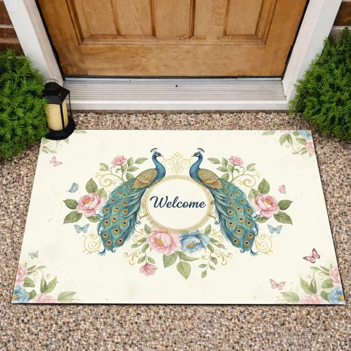 Peacocks Welcome Flowers Butterflies - Bird Lover Home Decor Gift Doormat