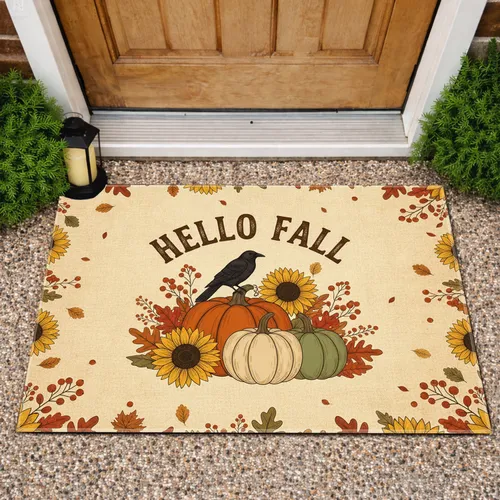Autumn Pumpkins Crow Hello Fall Sunflowers - Farmhouse Home Decor Doormat