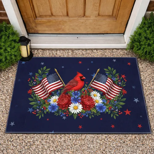 Red Cardinal American Flag Patriotic Flowers - Independence Day Gift for Veterans Doormat