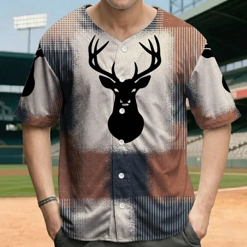 Black Deer Head Antlers - Rustic Wildlife Lover Gift for Fathers Husbands Baseball Jersey