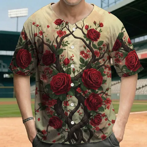 Gnarled Branches Deep Red Roses Green Foliage Petals - Botanical Lover Gift Baseball Jersey