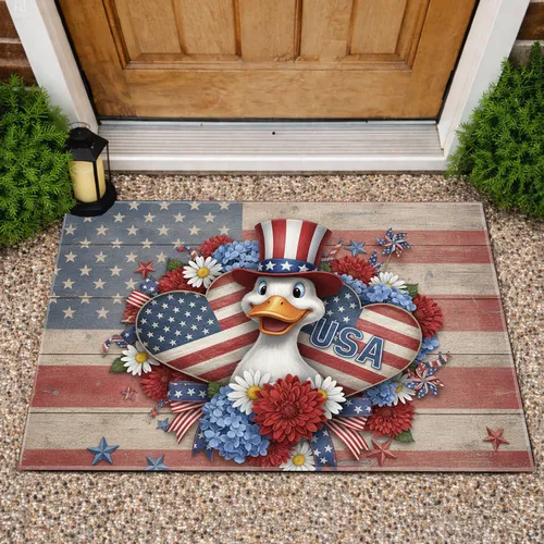 Patriotic Duck American Flag Hearts - Independence Day Gift for Veterans Doormat