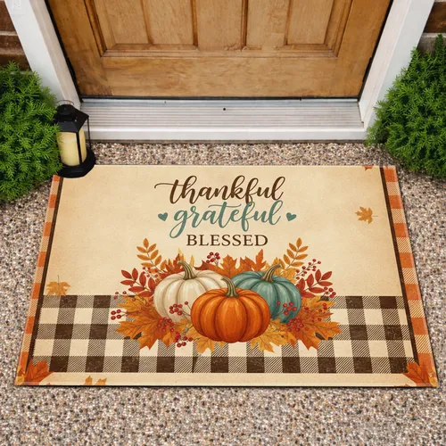 Fall Pumpkins Autumn Foliage Thankful Grateful Blessed - Farmhouse Home Decor Gift Doormat