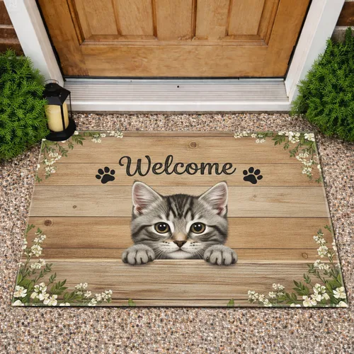 Grey Tabby Kitten Welcome Paw Prints Floral - Rustic Home Decor Gift Cat Lover Doormat