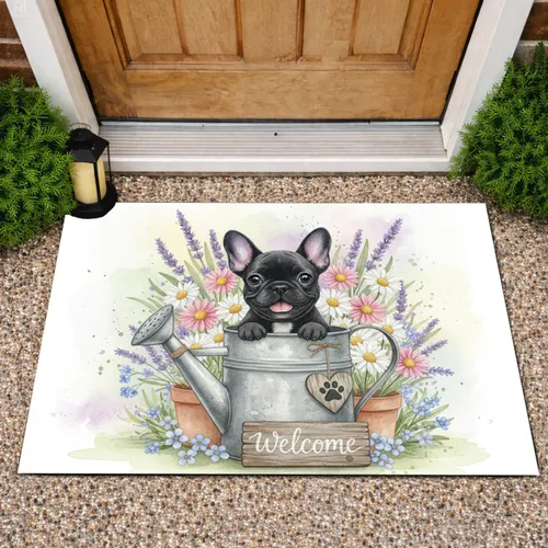 French Bulldog Watering Can Welcome Sign - Dog Lover Garden Home Decor Doormat