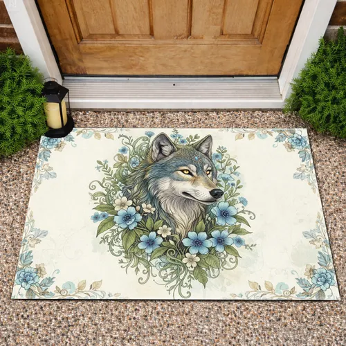 Wolf Head Botanical Floral Home Decor Gift for Wildlife Lover Doormat