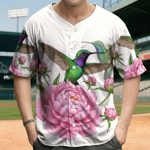 Iridescent Green Hummingbird In-Flight Large Pink Peony Bloom Buds - Wildlife Lover Gift Baseball Jersey