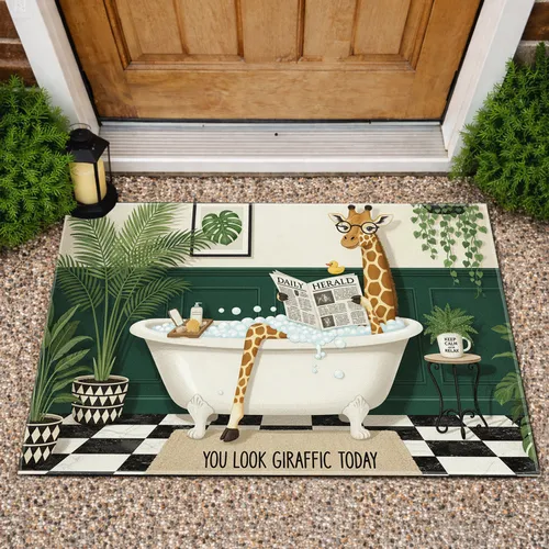 Giraffe Reading Bathtub Tropical Plants - Home Decor Gift for Animal Lover Doormat