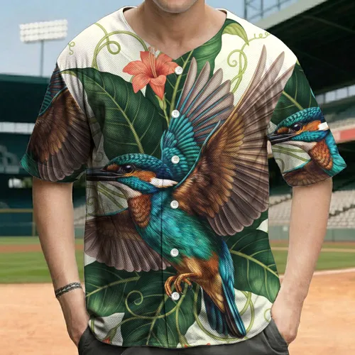 Majestic Kingfisher Tropical Leaves Bell Flowers - Nature Lover Gift Baseball Jersey