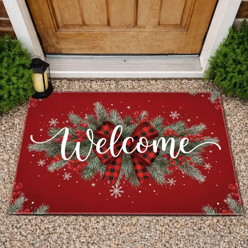 Welcome Buffalo Plaid Bow Winter Berries - Winter Holiday Home Decor Doormat