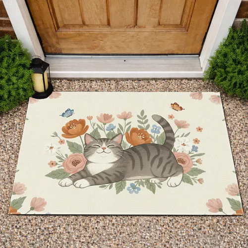 Grey Tabby Cat Flowering Garden - Home Decor Gift for Cat Lover Doormat