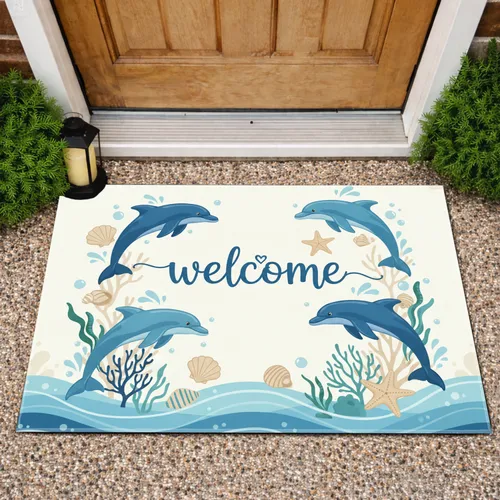 Welcome Dolphins Seashells Starfish Coral Coastal Marine Decor Gift Doormat