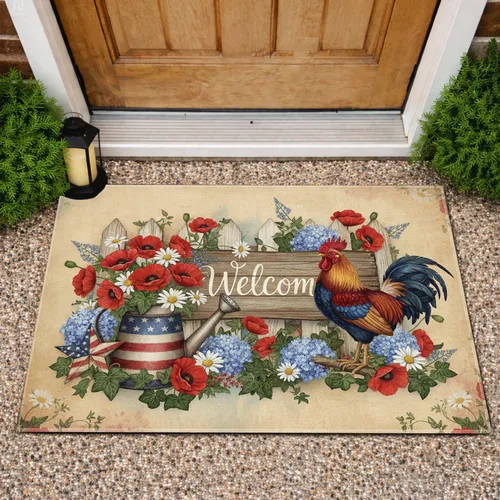 Rooster Welcome Sign American Flag Watering Can Poppies Daisies - Farmhouse Decor Doormat