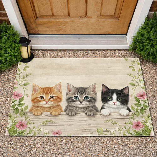 Kittens Wildflowers Wood Plank Home Decor Gift for Cat Lover Doormat