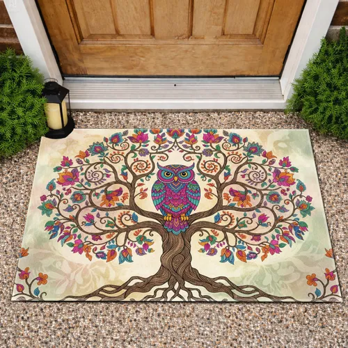 Lush Swirling Branches Tree of Life Owl Roots Flowers Vines - Home Decor Gift for Owl Lover Doormat