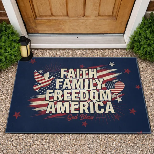 Faith Family Freedom America Flag Dove Heart - Patriotic Home Decor Gift for Veterans Doormat