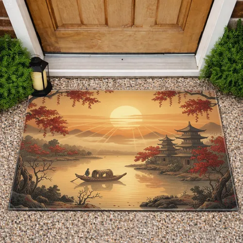 East Asian Pagoda Lake Boat Red Blossom Trees Setting Sun - Home Decor Gift Doormat
