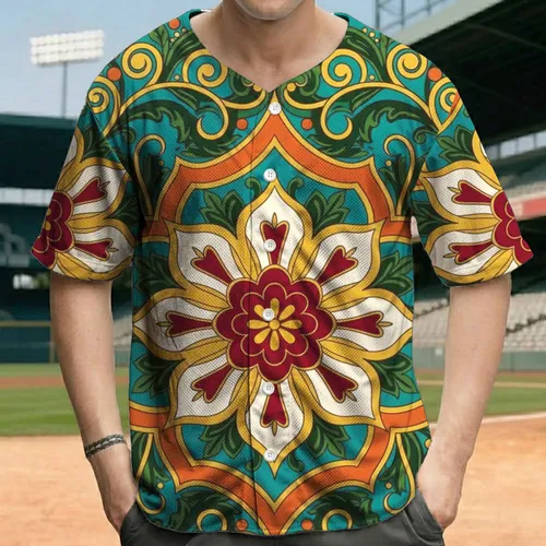 Golden Swirling Vines Red Cream Floral Medallion Mediterranean Tile - Boho Lifestyle Baseball Jersey