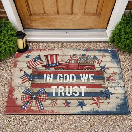 IN GOD WE TRUST American Flag Uncle Sam Hat - Patriotic Home Decor Doormat