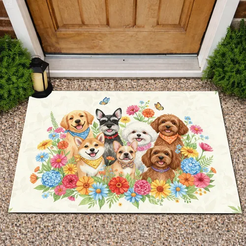 Diverse Happy Puppies Wildflower Butterflies - Home Decor Gift for Pet Owners Doormat