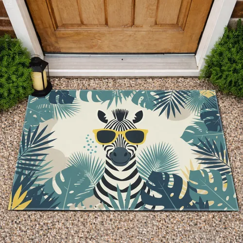Zebra Yellow Sunglasses Tropical Jungle Foliage - Home Decor Gift for Wildlife Lover Doormat