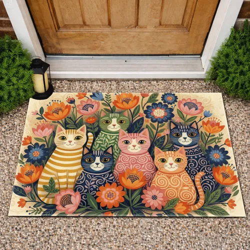 Cats Decorative Patterns Flowers Foliage - Home Decor Gift for Cat Lover Doormat