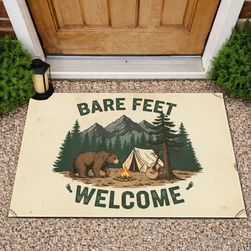 BARE FEET WELCOME Bear Campfire Tent - Rustic Decor Gift for Outdoor Lovers Doormat