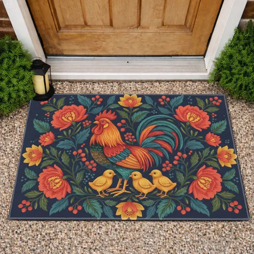 Vibrant Rooster Chicks Floral - Farmhouse Home Decor Gift Doormat