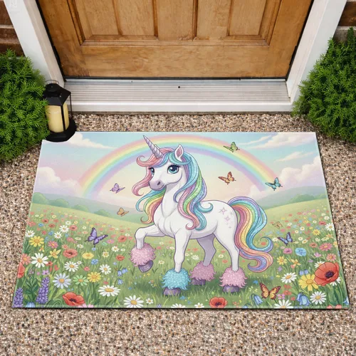 Unicorn Rainbow Wildflowers Pastel Sky - Fairytale Home Decor Gift Doormat