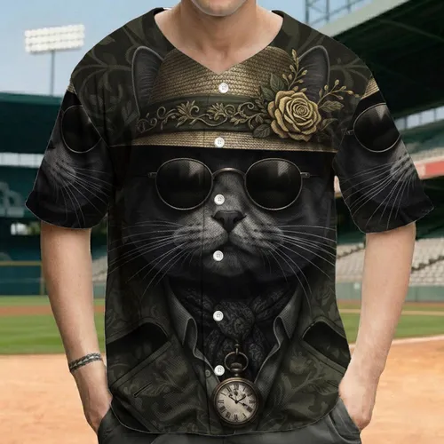 Sophisticated Cat Sunglasses Fedora Trench Coat Pocket Watch Ornate Botanical Gift for Cat Lovers Baseball Jersey