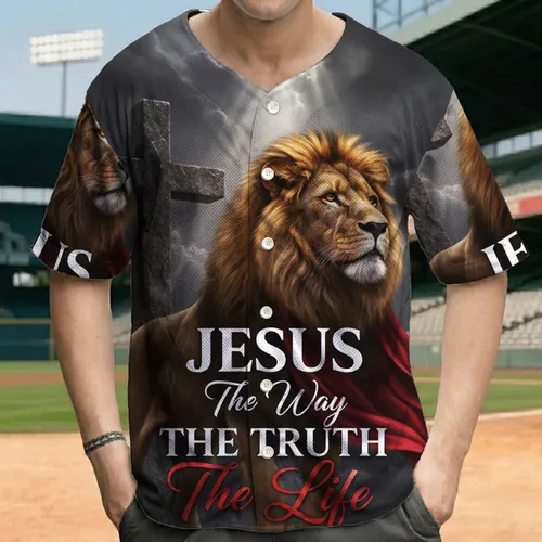 Lion Golden Mane Crimson Drape Stone Cross Jesus Stormy Clouds - Faith-based Gift Baseball Jersey