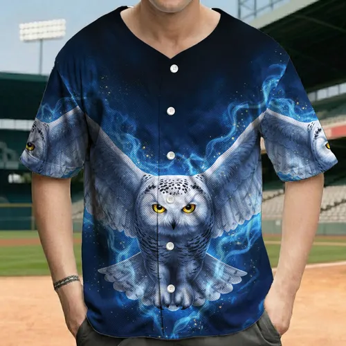 Majestic Snowy Owl Wide Wings Glowing Eyes Ethereal Smoke Cosmic Clouds - Wildlife Lover Gift Baseball Jersey